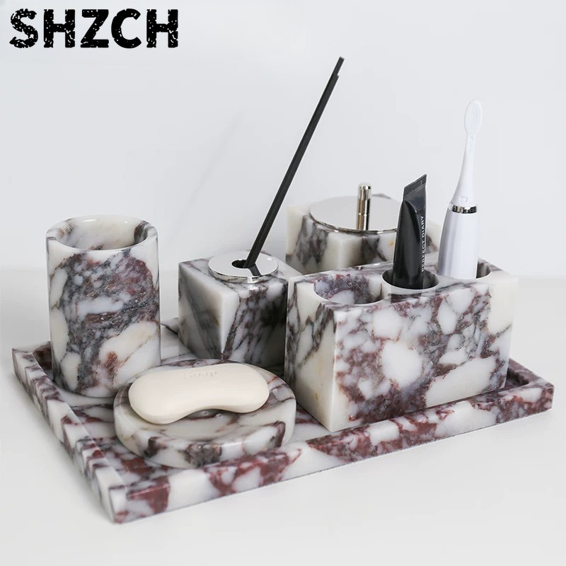 Bath Caddy Tray - Luxury Natural Marble Tray, Toothbrush Holder