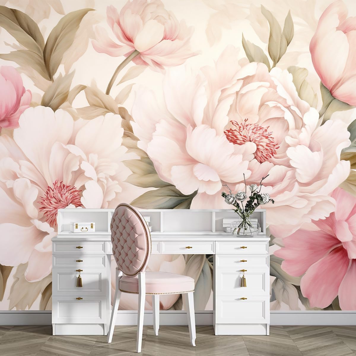 Home Bathroom Vanity - Elegant Peony Floral Mural Wallpaper Vanity