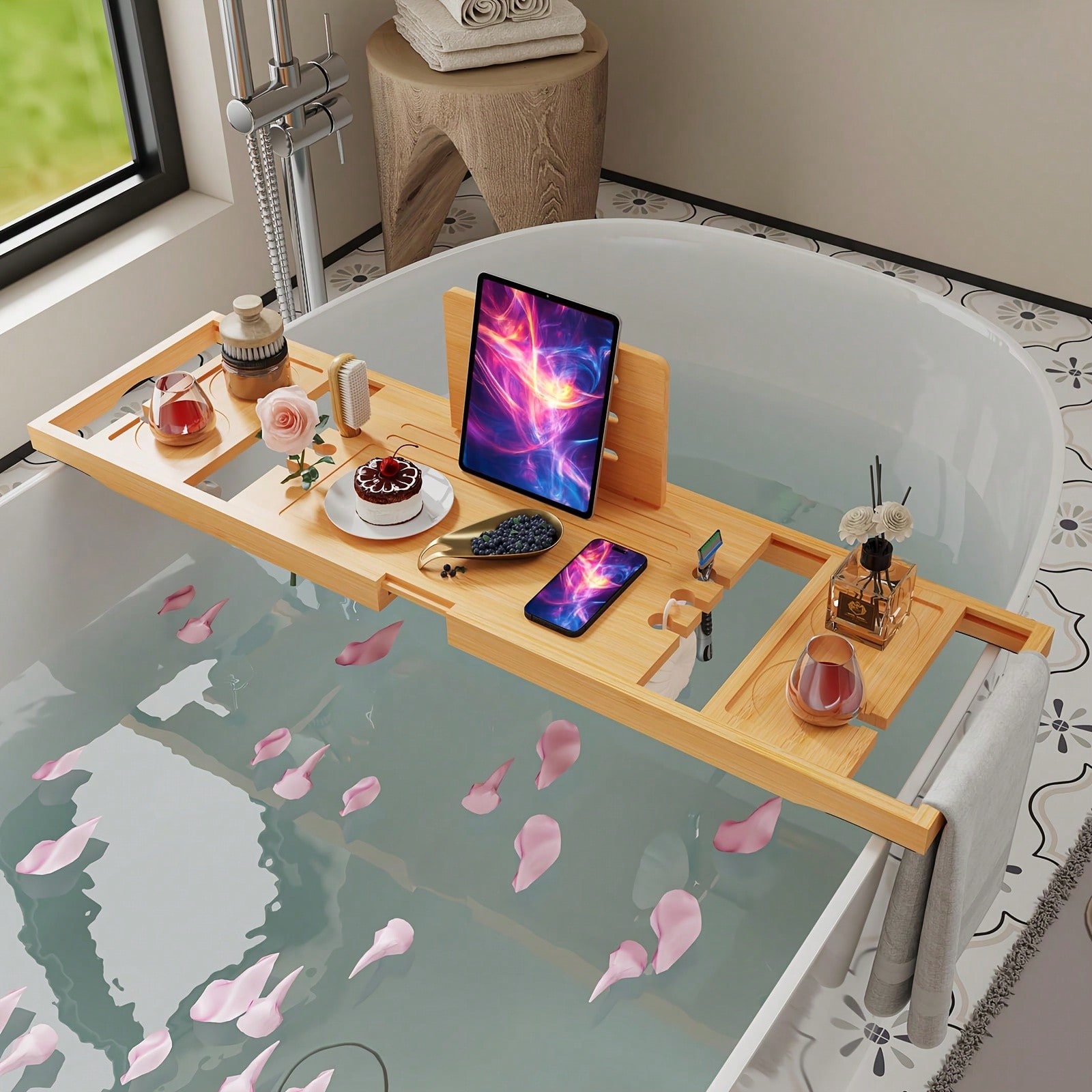Bamboo Bathtub Caddy Tray, Ext - Bath Caddy Tray ulasan dan harga
