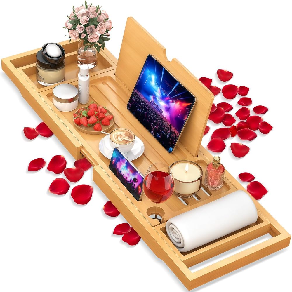 Elegant Bamboo Bath Caddy with - Bath Caddy Tray ulasan dan harga