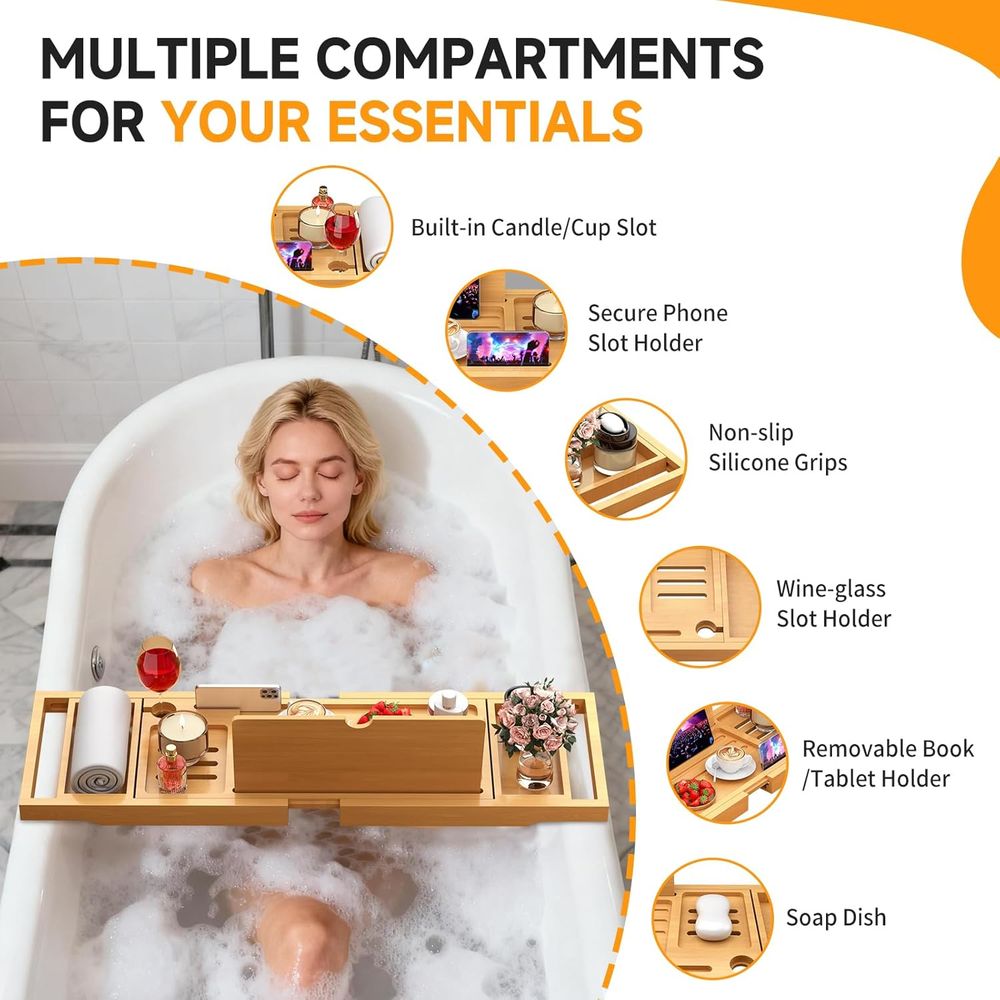 Elegant Bamboo Bath Caddy with - Bath Caddy Tray ulasan dan harga