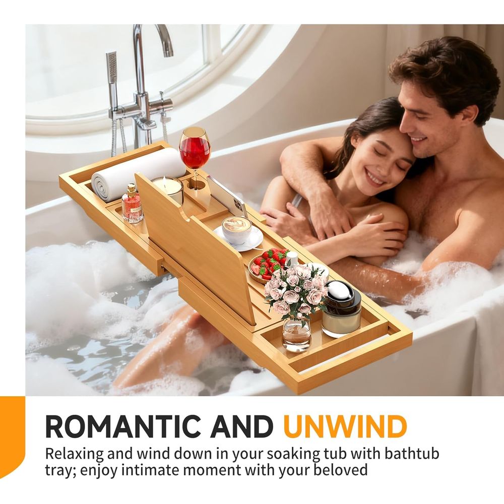 Elegant Bamboo Bath Caddy with - Bath Caddy Tray ulasan dan harga